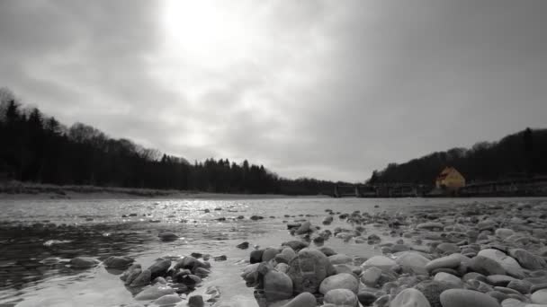 Μαύρο Και Άσπρο Ρέον Ποτάμι Μπροστά Από Ένα Weir Από — Αρχείο Βίντεο