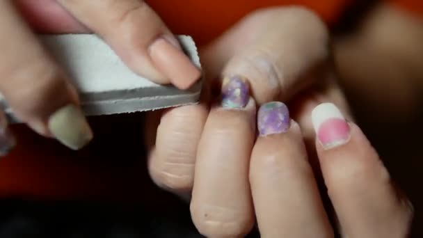 Woman Doing Her Own Manicure Using Nail File Other Equipments — Video Stock