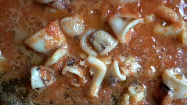 Squid Relying Tomato Preparation Fideua Seen — Stock Video