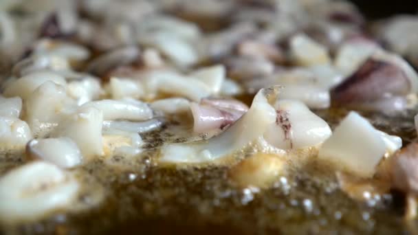 Bokeh Chopped Squid Fried Oil Preparation Spanish Fideua — Wideo stockowe