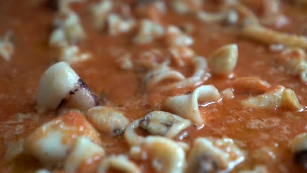 Apetyczne Kałamarnica Opierając Się Pomidorach Podczas Przygotowywania Fideua Widziałem — Wideo stockowe