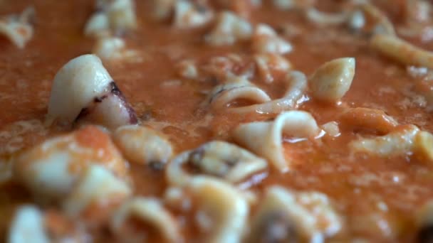 Calamares Que Dependen Del Tomate Durante Preparación Fideua — Vídeo de stock