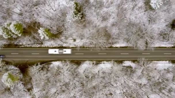 Létání Nad Řídícím Autem Dronem Stopování Když Projíždí Zimní Lesní — Stock video