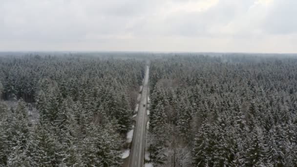 Winter Aerial Straight Street Leading Horizon Flying Backward Unveil Wide — Stockvideo