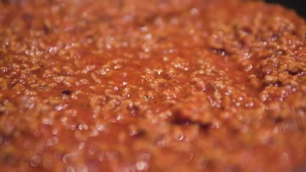 Cooking Sauce Bolognese Close Minced Meat Boiling Pan — Stock Video