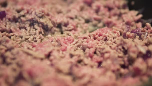 Rotes Und Braunes Hackfleisch Der Pfanne Aus Nächster Nähe — Stockvideo