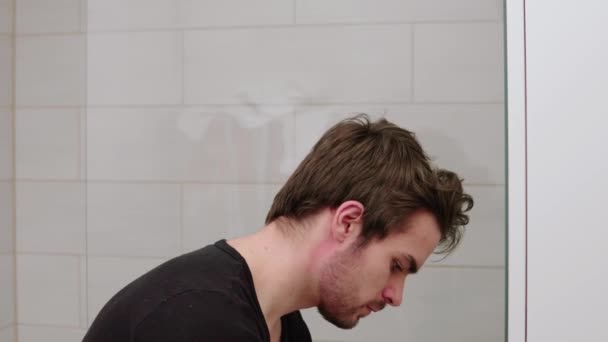 Handsome Male Trimming Shaving His Own Beard Front Mirror Bathroom — Stok video