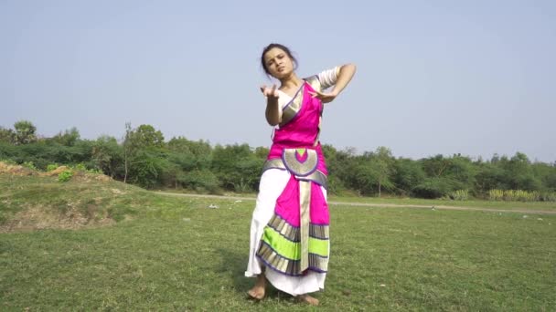 Bharatnatyam Dançarino Exibindo Uma Pose Bharatnatyam Clássico Natureza Lago Vadatalav — Vídeo de Stock