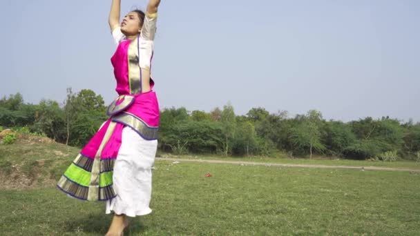 Ballerino Bharatnatyam Che Mostra Una Posa Classica Bharatnatyam Nella Natura — Video Stock