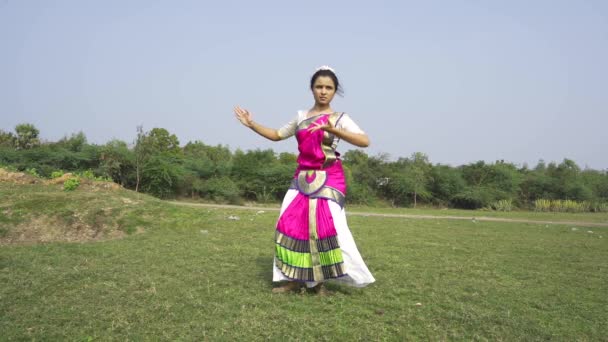 Bharatnatyam Dancer Displaying Classical Bharatnatyam Pose Nature Vadatalav Lake Pavagadh — Stock Video