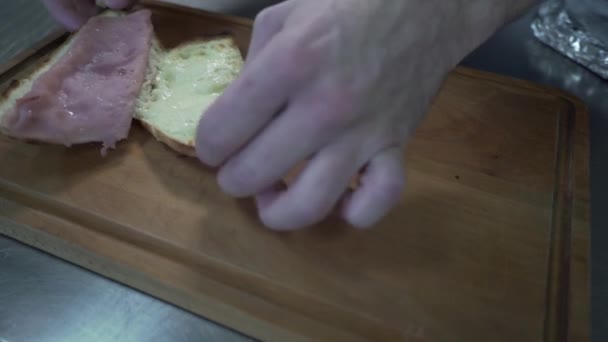 Placing Open Sandwiches Melted Cheese Ham — Stockvideo