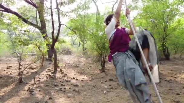 Sporty Gymnast Performs Exercises Rope Indian Traditional Wear Concept Power — Stockvideo