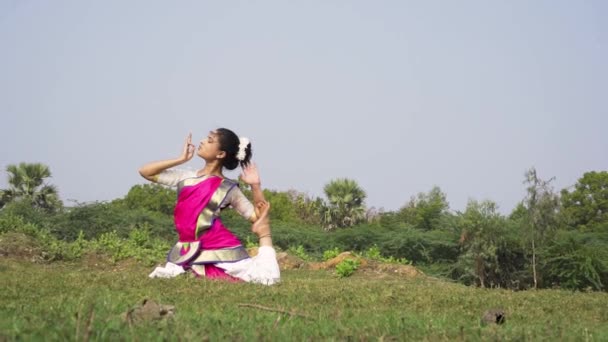 Ballerino Bharatnatyam Che Mostra Una Posa Classica Bharatnatyam Nella Natura — Video Stock