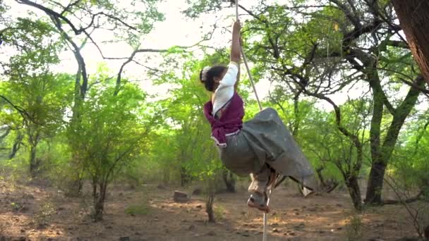 Sporty Gymnast Performs Exercises Rope Indian Traditional Wear Concept Power — Stockvideo