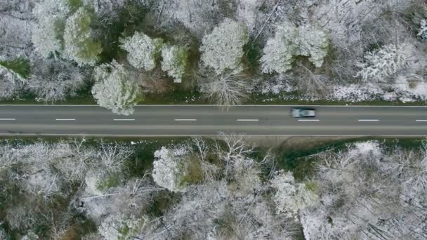 Flying Smooth Wintry Road Straight Driving Cars Rural Snow Covered — Stockvideo