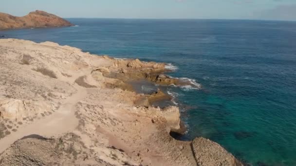 Porto Dos Frades Rocky Coast Porto Santo Island Madeira Aerial — Vídeos de Stock