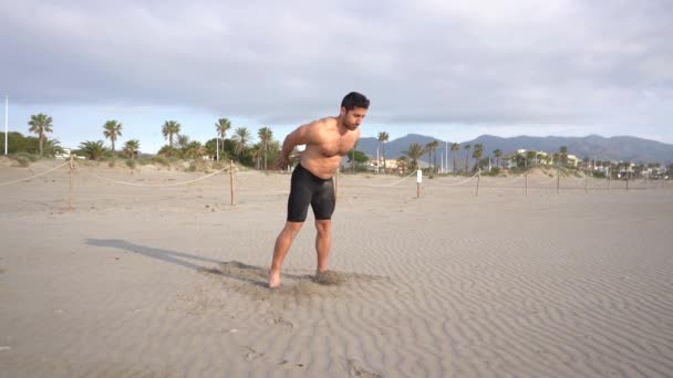 Training Variant Push Ups Slap Beach Palm Trees Background — Vídeos de Stock