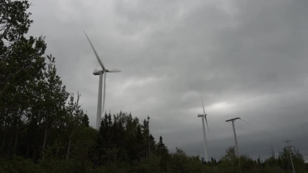 Two Wind Turbines Produce Electricity Nearby Electric Line Can See — Stockvideo