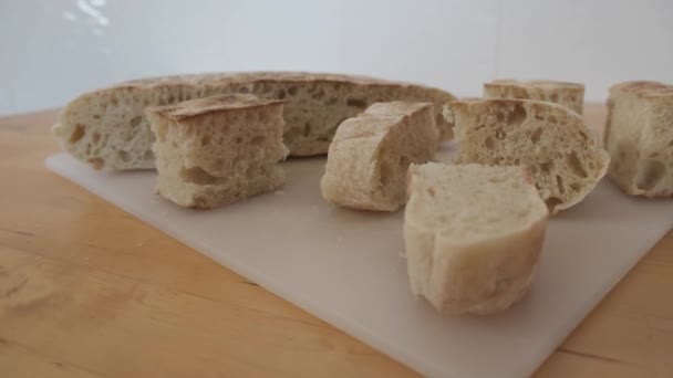 Close Pieces Traditional Bread Madeira Called Bolo Caco Handheld Shot — 图库视频影像