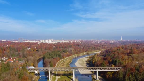 Charming Travel Clip Flying Drone Autumn Season Isar River Train — Video