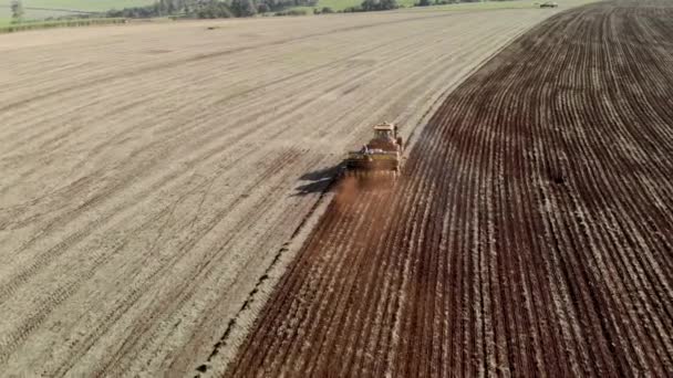 Aerial View Shot Farmer Tractor Seeding Sowing Agricultural Crops Field — Stock video