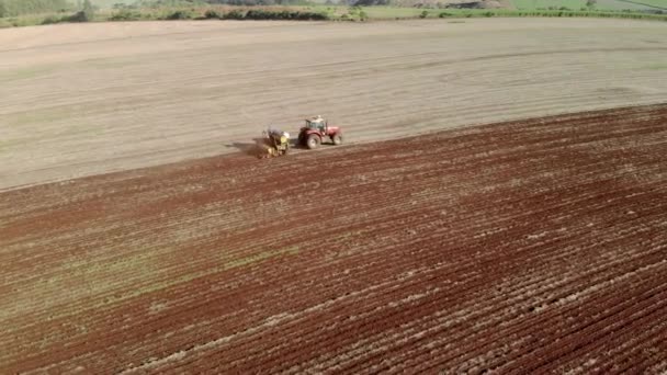 Aerial View Shot Farmer Tractor Seeding Sowing Agricultural Crops Field — Stockvideo