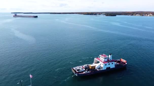 Ferry Leaving Dock Cargo Ship Background — 비디오