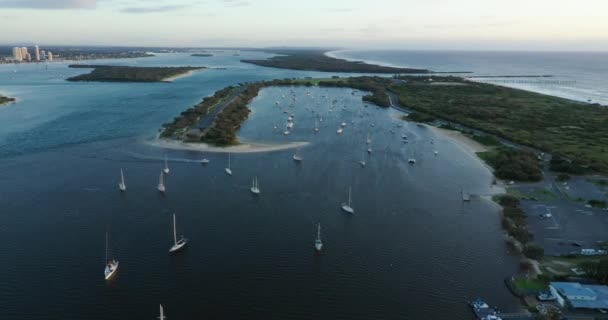 Flying Mored Yachts Gold Coast Broadwater Sunrise Calm — Stock Video