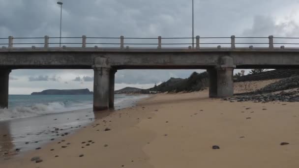 Fpv Drone Low Angle View Passing Porto Santo Pier Madeira — Vídeos de Stock