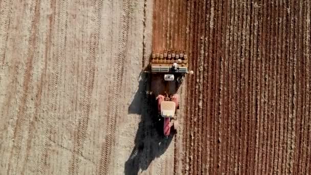 Aerial View Shot Farmer Tractor Seeding Sowing Agricultural Crops Field — Video Stock