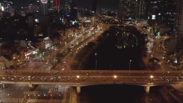 Aerial View Flying Busy Traffic Bridge Main Road River Night — ストック動画