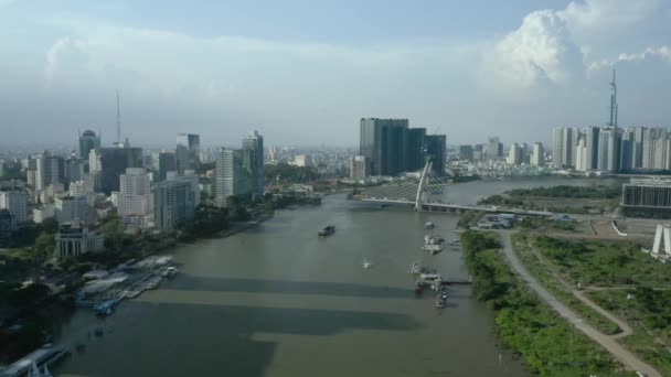 Saigon River Waterfront Long Afternoon Shadows Chi Minh City Skyline — Wideo stockowe