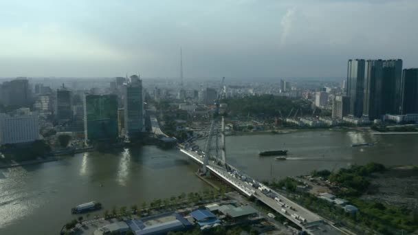 Saigon River Waterfront Long Afternoon Shadows Chi Minh City Skyline — Video Stock
