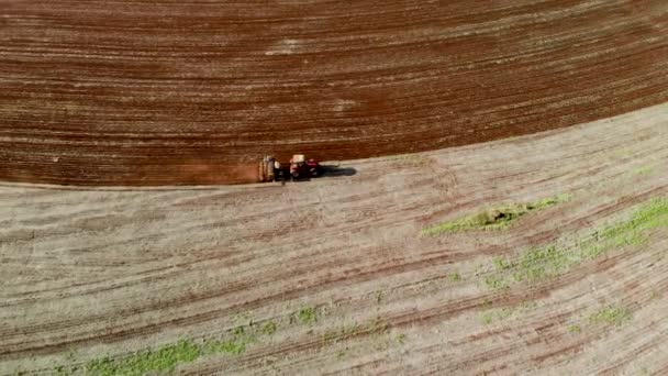 Aerial View Shot Farmer Tractor Seeding Sowing Agricultural Crops Field — Stok video