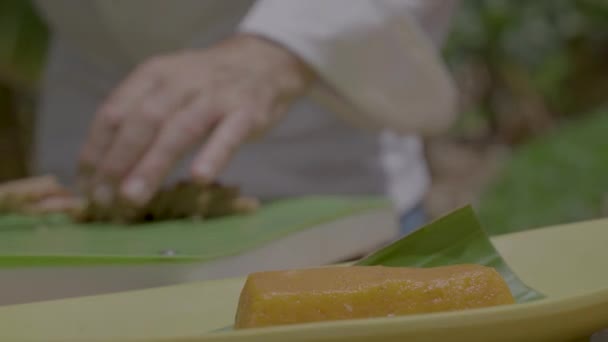 Close View Chef Hands Decorating Restaurant Dish Made Tuna Gourmet — Vídeos de Stock