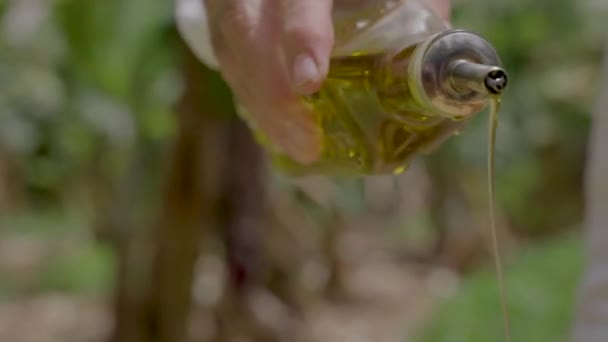 Chef Pours Extra Virgin Olive Oil Cooking Dish Bottle — Stock videók