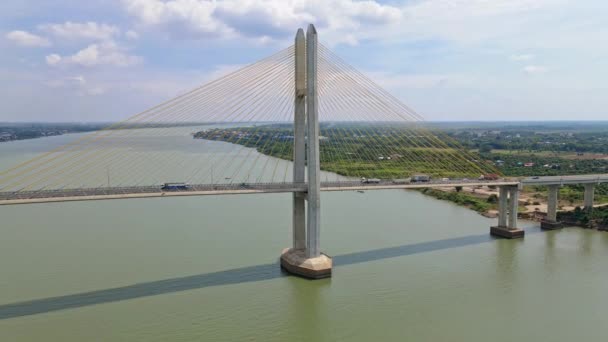 Aerial Flight Famous Tsubasa Bridge Driving Cars Trucks Mekong River — Stock Video