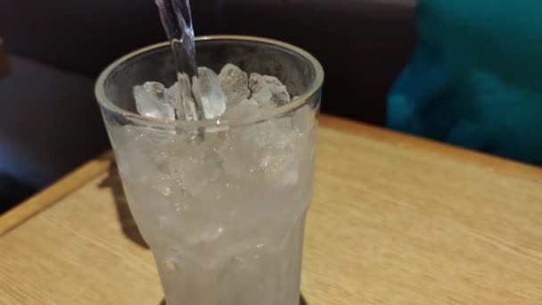 Жінка Вручну Живить Воду Склянці Повному Льоду — стокове відео