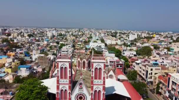 Drone Shot Basilica Sacred Heart Jesus Situated South Boulevard Pondicherry — Vídeos de Stock