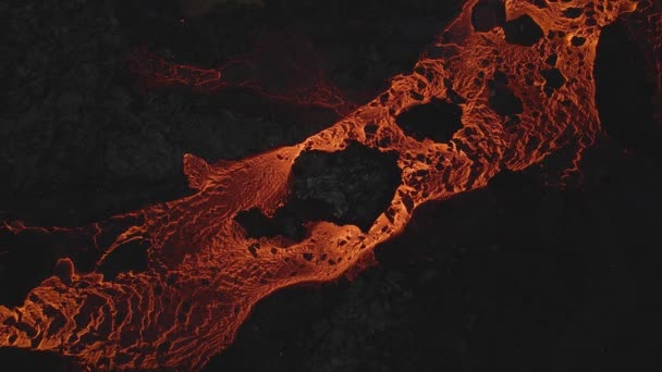 River Glowing Lava Flows Volcanic Rocks Aerial Top — Vídeos de Stock