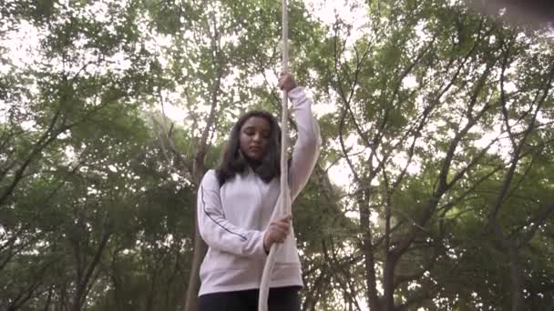 Sporty Gymnast Performs Exercises Rope Sportswear Concept Power Strength Healthy — Vídeo de Stock