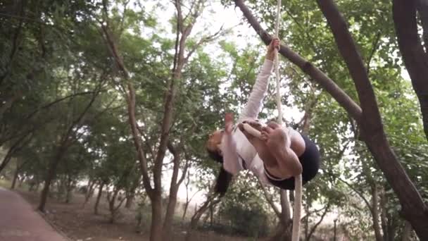 Sporty Gymnast Performs Exercises Rope Sportswear Concept Power Strength Healthy — Stock video