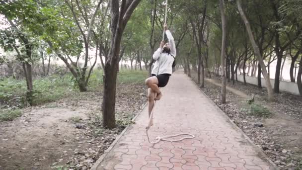 Sporty Gymnast Performs Exercises Rope Sportswear Concept Power Strength Healthy — 图库视频影像