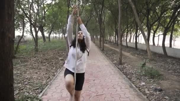 Sporty Gymnast Performs Exercises Rope Sportswear Concept Power Strength Healthy — Vídeo de Stock
