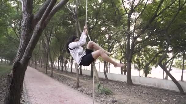 Sporty Gymnast Performs Exercises Rope Sportswear Concept Power Strength Healthy — Vídeos de Stock