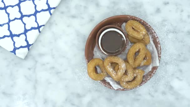 Person Hand Picking Churro Dripping Melted Chocolate Close — Stock Video