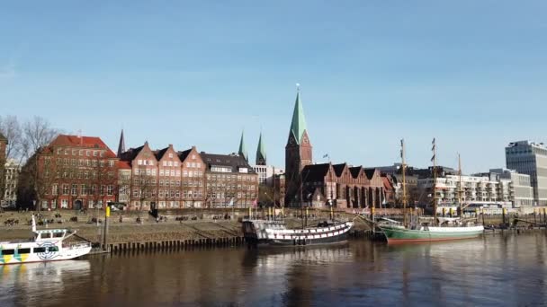 Pan Bremen Weser Promenade Schlachte Ships View Martini Church Teerhof — Stockvideo