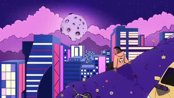 Animation Young Boy Sitting Top Hill Night Look Moon City — Video