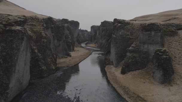 Aerial Forward Rock Walls Fjadrargljufur Canyon Iceland — Video