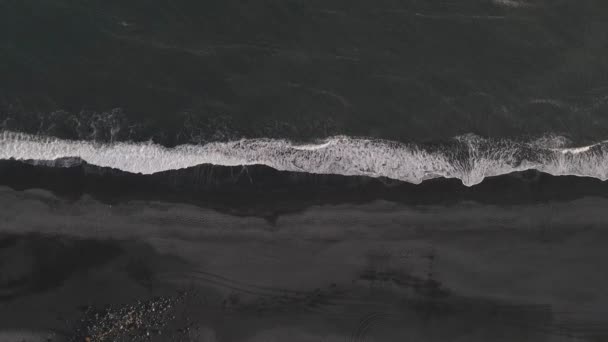 Aerial Vertical View Waves Breaking Black Sandy Beach Iceland Drone — 비디오